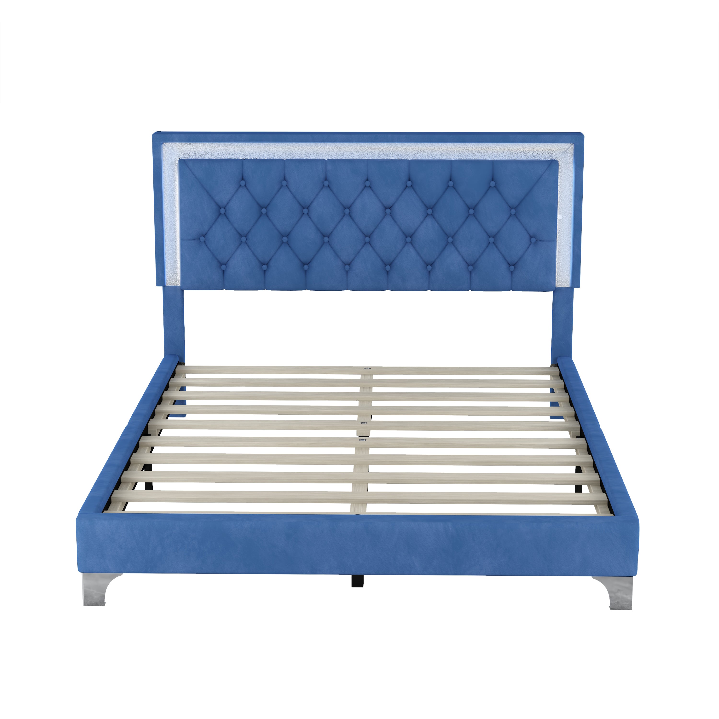 Queen Size Upholstered Bed Frame with LED Lights,Modern Velvet Platform Bed with Tufted Headboard,Blue - Atlantic Fine Furniture Melbourne FL