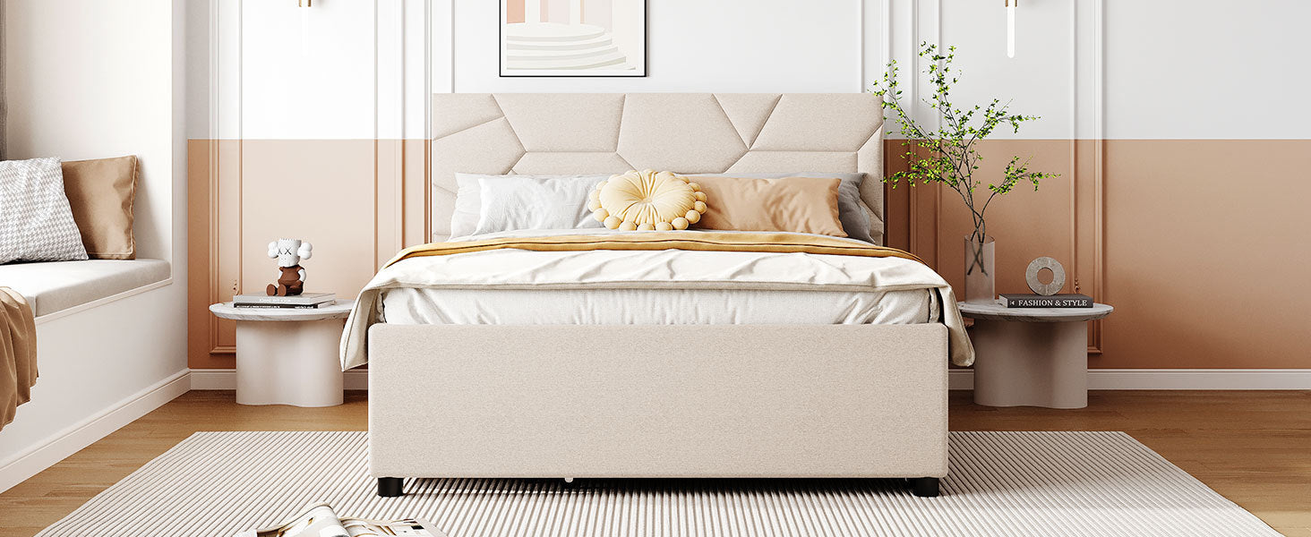 Full Size Upholstered Platform Bed with Brick Pattern Headboard, with Twin Size Trundle and 2 Drawers, Linen Fabric, Beige - Atlantic Fine Furniture Melbourne FL