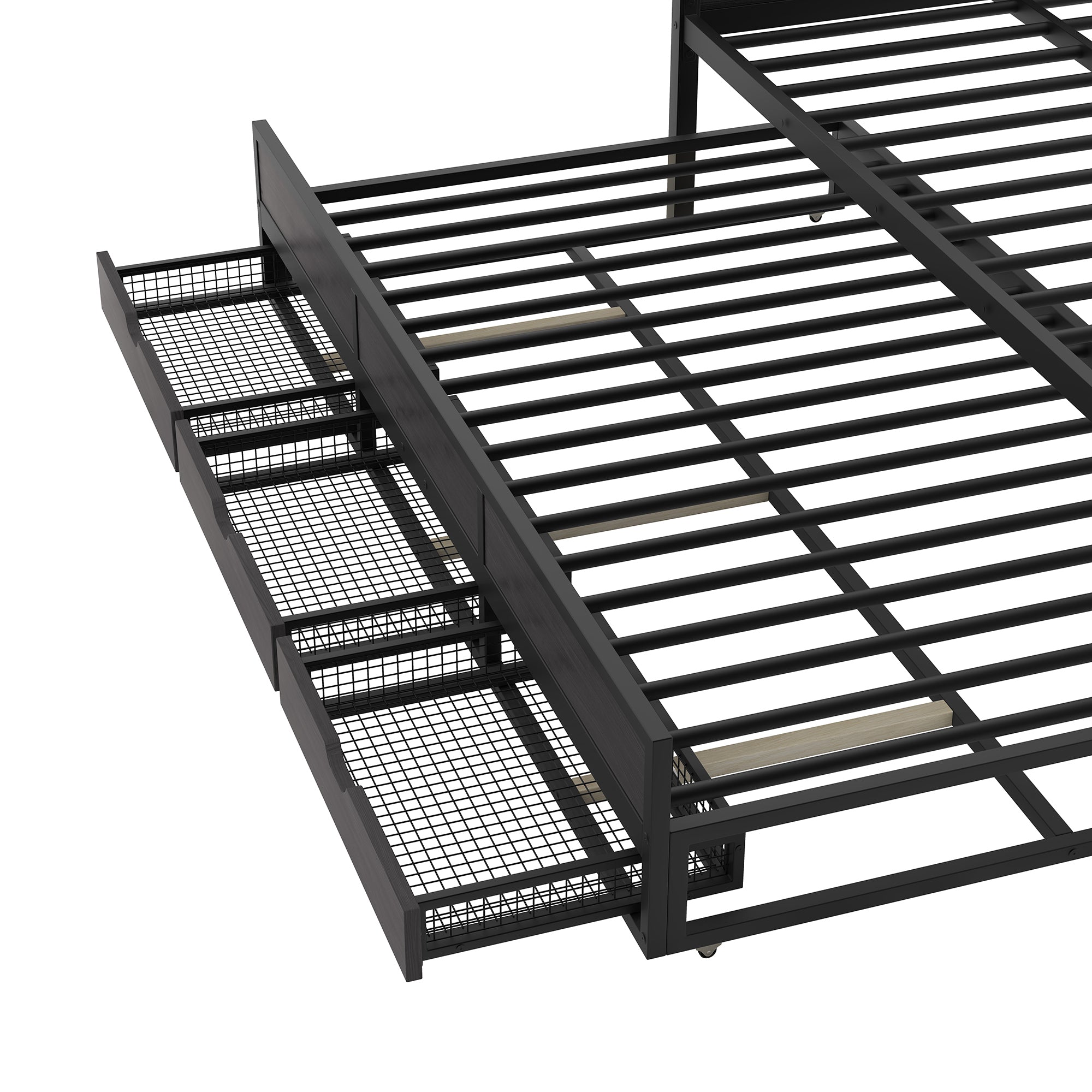 Queen Size Metal Canopy Platform Bed with Twin Size Trundle and 3 Storage Drawers, Black - Atlantic Fine Furniture Melbourne FL