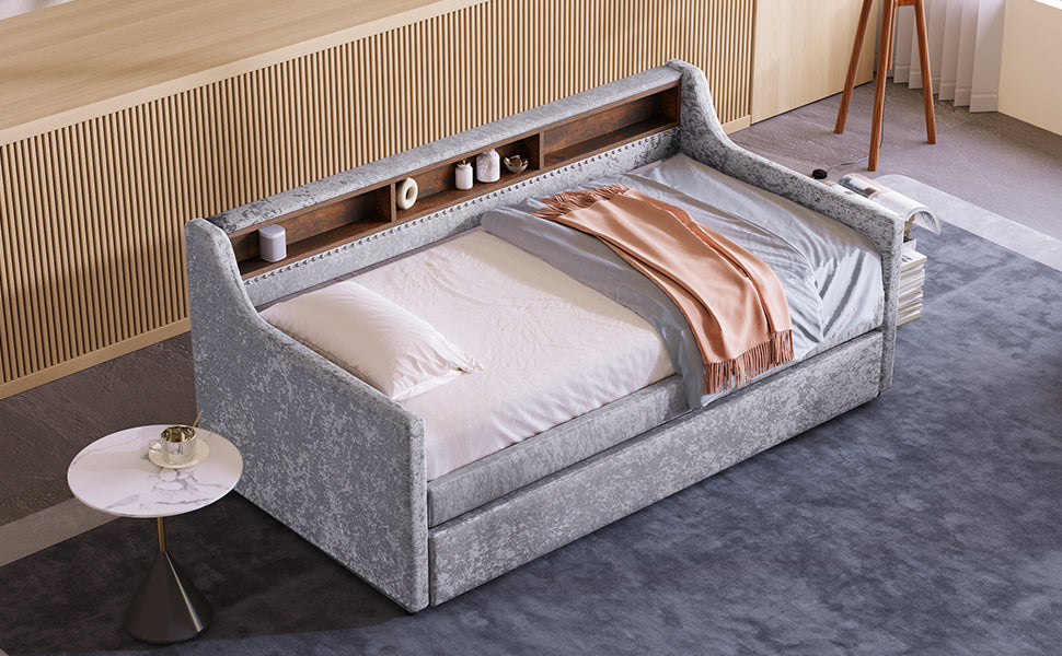 Twin Size Snowflake Velvet Daybed with Trundle and Built-in Storage Shelves,Gray - Atlantic Fine Furniture Melbourne FL