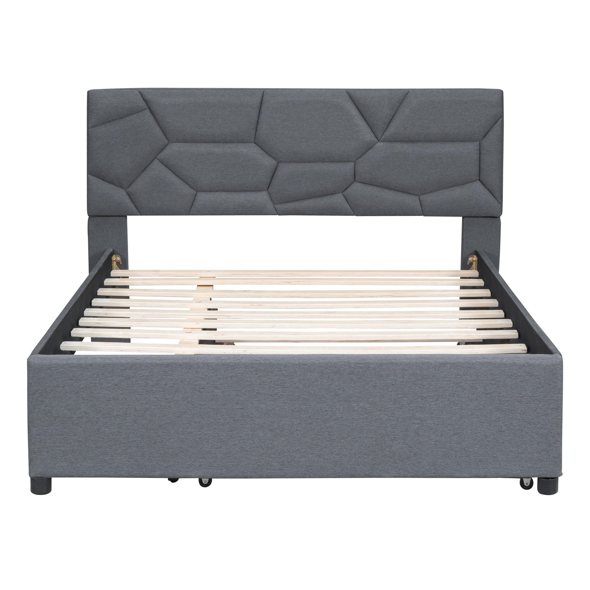 Full Size Upholstered Platform Bed with Brick Pattern Headboard and Twin Size Trundle, Linen Fabric, Gray - Atlantic Fine Furniture Melbourne FL