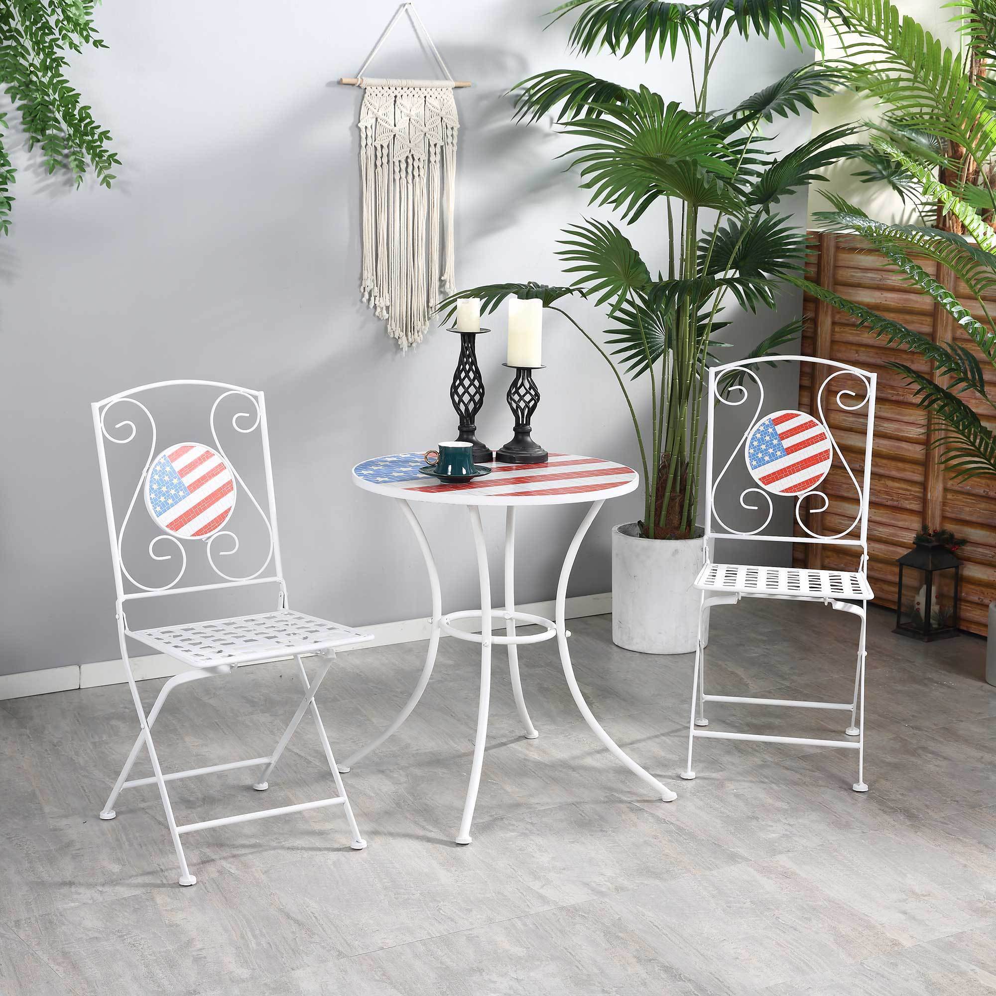 3 Piece Patio Bistro Set, Folding Outdoor Furniture with USA Mosaic Table and Chairs,
Portable Metal Frames for 4th of July, Balcony, Backyard, Poolside, Porch, American Flag