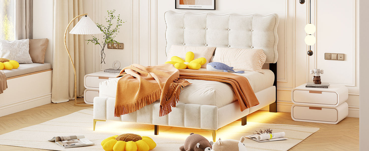 Full Size Velvet Platform Bed with LED Frame and Stylish Mental Bed Legs, Beige - Atlantic Fine Furniture Melbourne FL