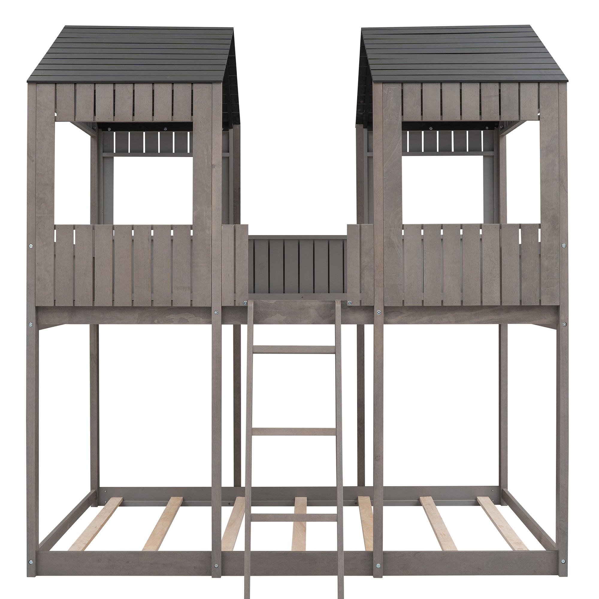 Full Over Full WoodBunk Bed with Roof, Window, Guardrail, Ladder(Antique Gray)( old sku: LT000031AAE ) - Atlantic Fine Furniture Melbourne FL