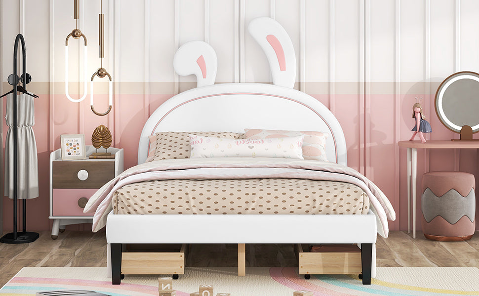 Full Size Upholstered Leather Platform Bed with Rabbit Ornament and 4 Drawers, White - Atlantic Fine Furniture Melbourne FL