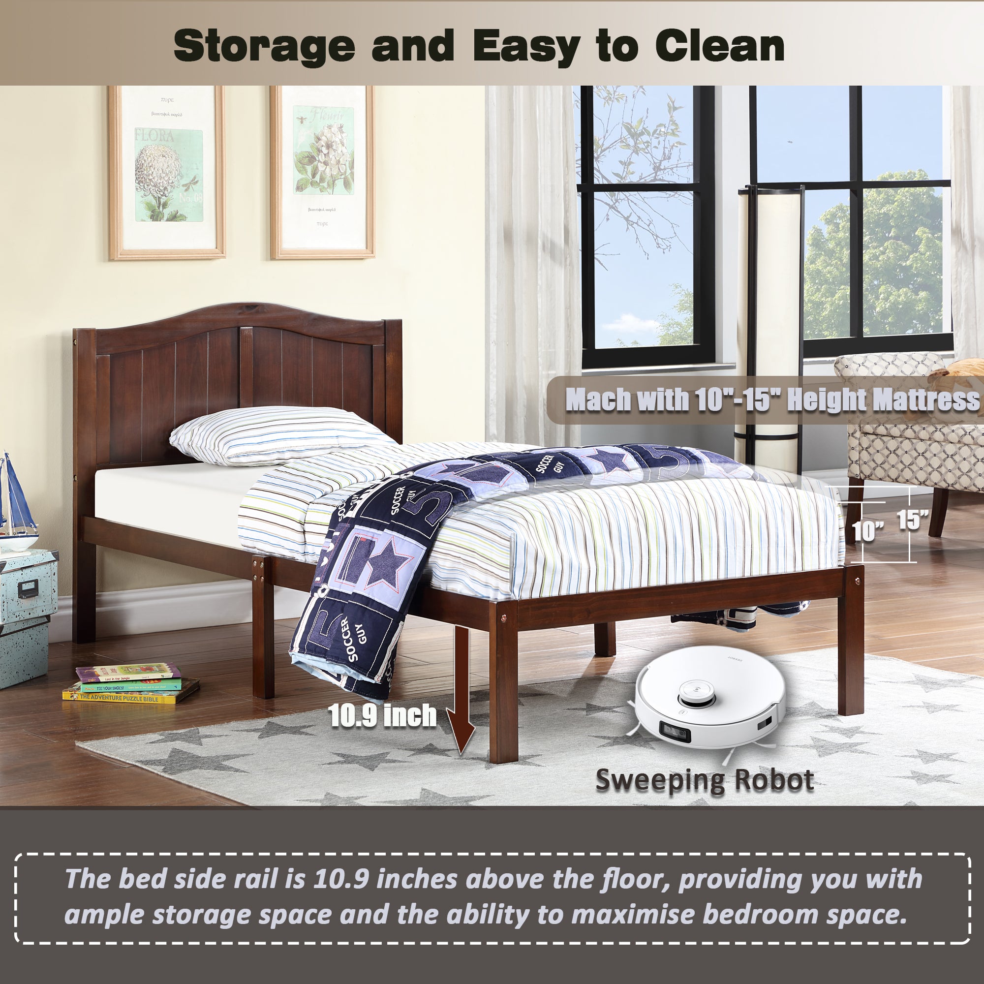 Twin Size Bed, Wood Platform Bed Frame with Headboard For Kids, Slatted, Dark Walnut - Atlantic Fine Furniture Melbourne FL