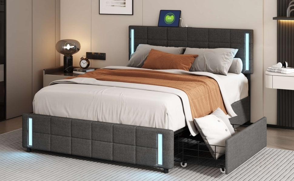 Queen Size Upholstered Platform Bed with LED Lights and USB Charging, Storage Bed with 4 Drawers, Gray(Linen) - Atlantic Fine Furniture Melbourne FL