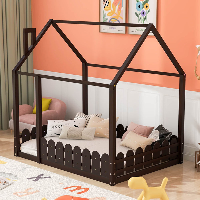 (Slats are not included)Full Size Wood Bed House Bed Frame with Fence,for Kids,Teens,Girls,Boys (Espresso )(OLD SKU:WF281294AAP)
