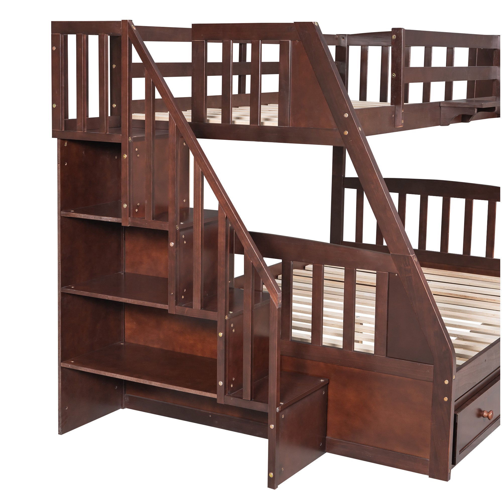 Twin-Over-Full Bunk Bed with Drawers,Ladder and Storage Staircase, Espresso