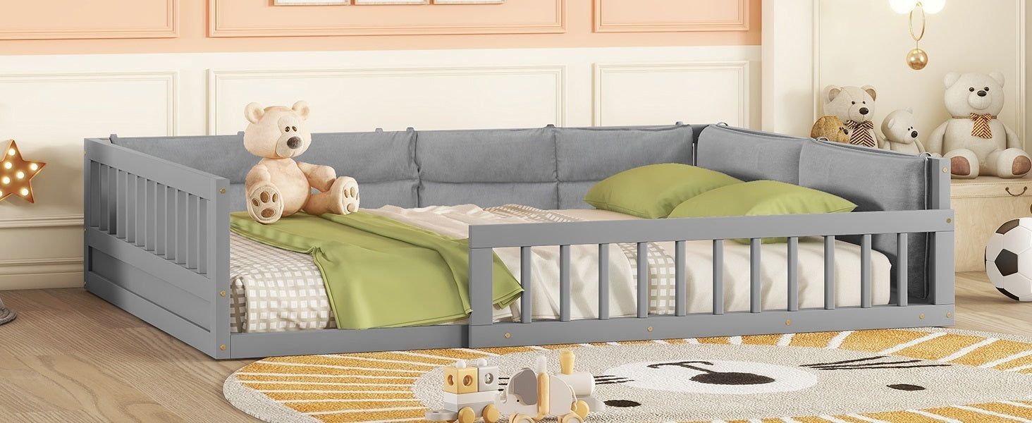 Wood Full Size Upholstered Platform Bed with Guardrail and Pillow, Gray - Atlantic Fine Furniture Melbourne FL