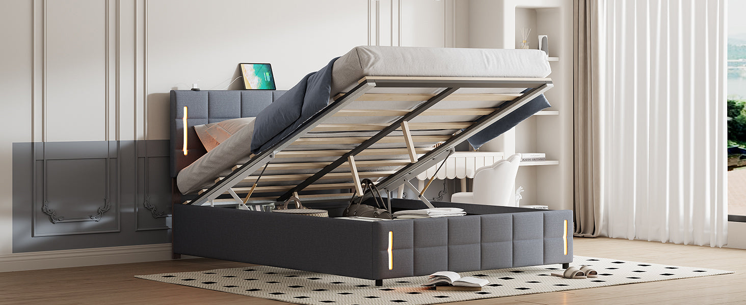 Queen Size Upholstered Bed with Hydraulic Storage System and LED Light, Gray - Atlantic Fine Furniture Melbourne FL