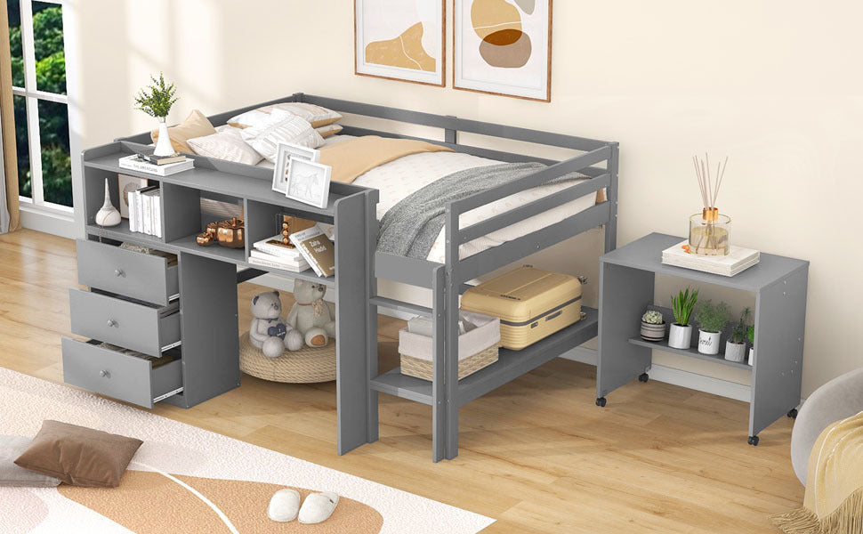 Full Size Low Loft Bed with Rolling Portable Desk, Drawers and Shelves, Gray(Old SKU: GX000711AAE) - Atlantic Fine Furniture Melbourne FL
