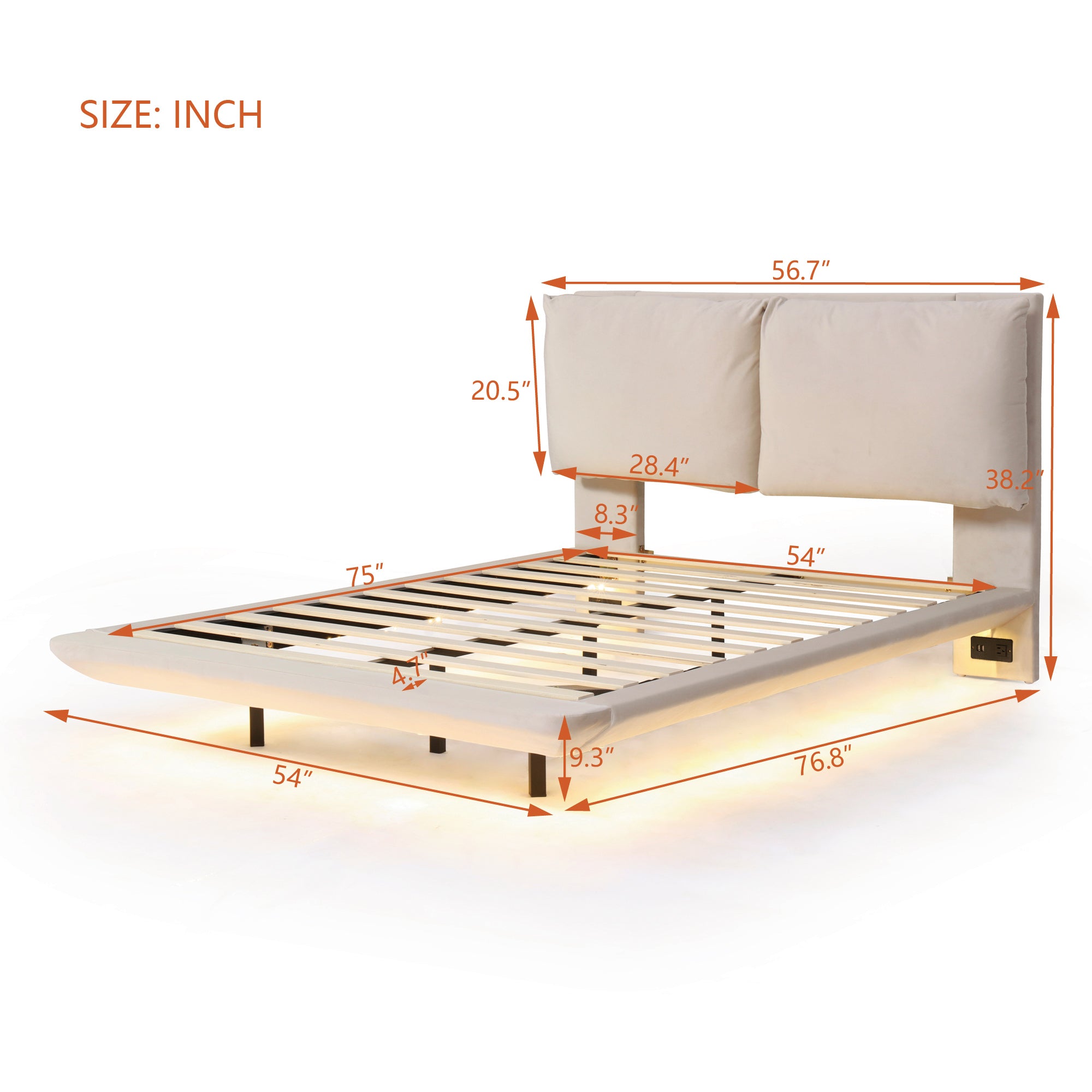 Full Size Upholstered Platform Bed with Sensor Light and 2 Large Backrests, Stylish Platform Bed with 2 sets of USB Port and Socket on each rear Bed Leg, Beige - Atlantic Fine Furniture Melbourne FL