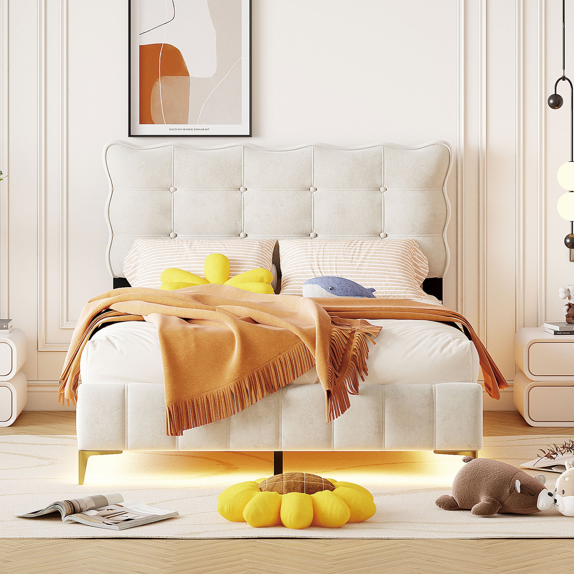 Full Size Velvet Platform Bed with LED Frame and Stylish Mental Bed Legs, Beige - Atlantic Fine Furniture Melbourne FL