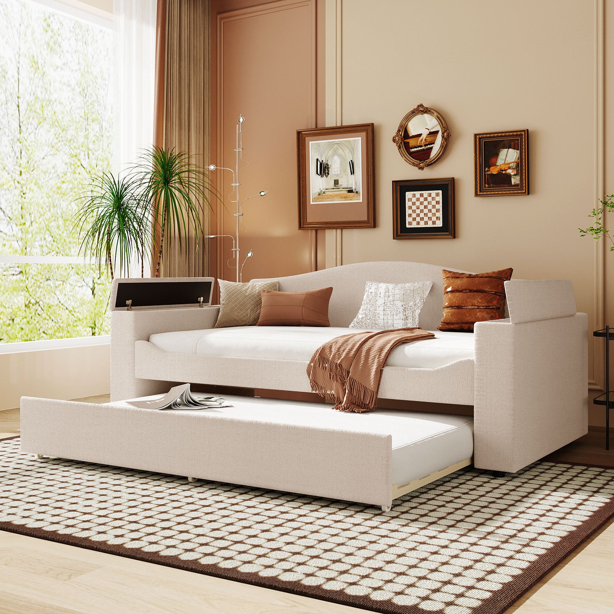 Twin Size Upholstered Daybed with Storage Armrests, Trundle and Latest Integrated Bluetooth Audio System, Teddy Fleece, Beige - Atlantic Fine Furniture Melbourne FL