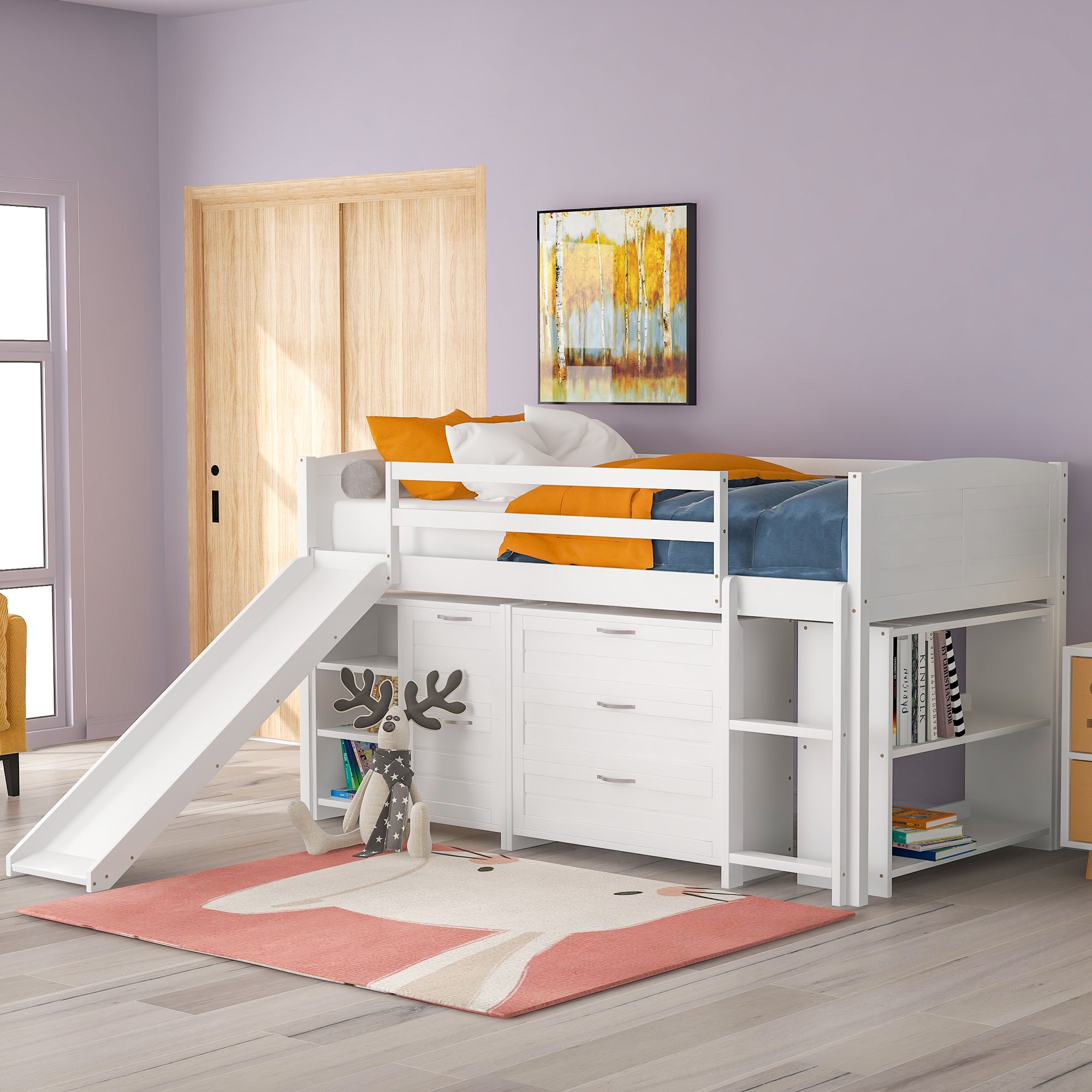 Low Twin Size Loft Bed with Cabinets, Shelves and Slide - White(OLD SKU :LP000503AAK) - Atlantic Fine Furniture Melbourne FL