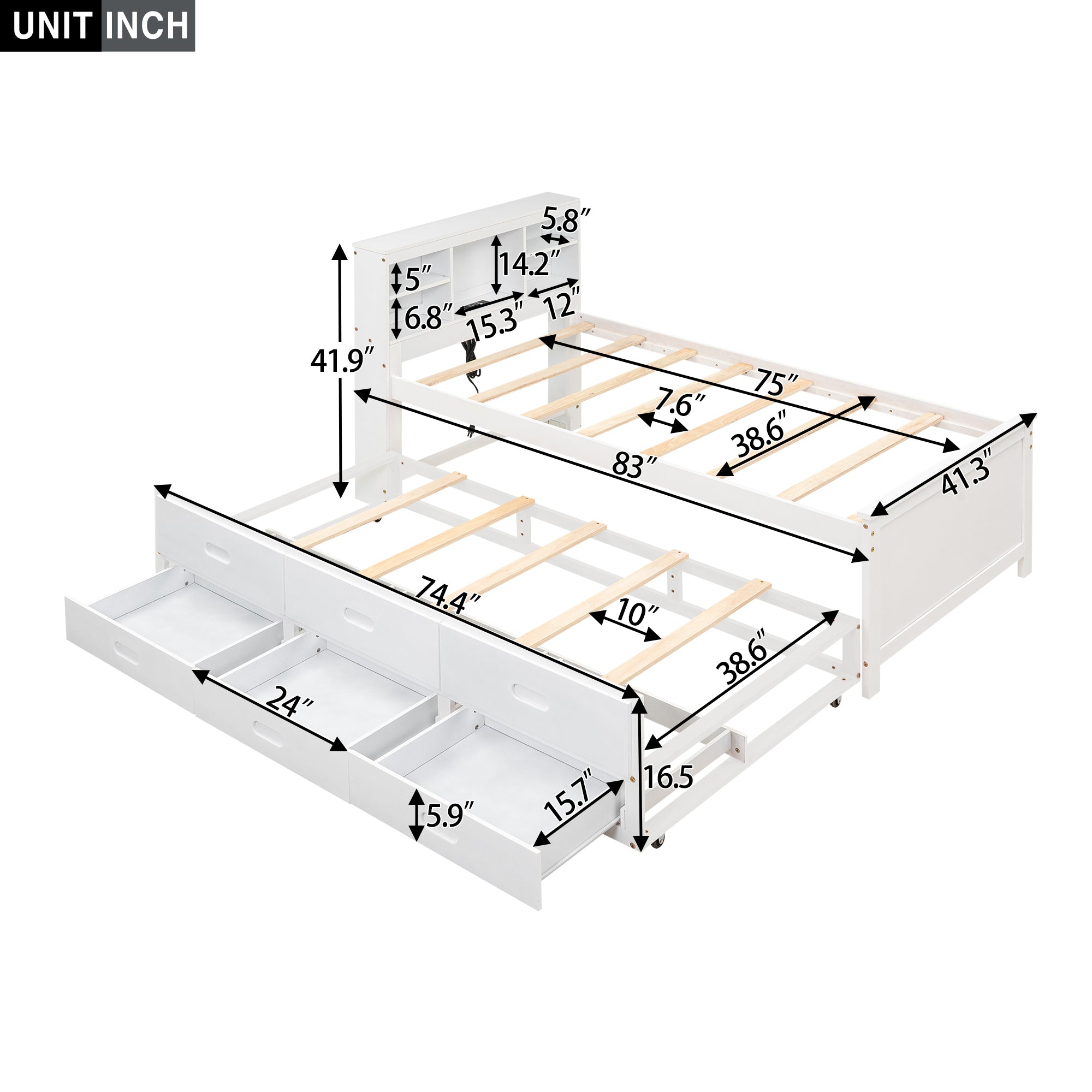 Twin Size Platform Bed with Storage Headboard, USB, Twin Size Trundle and 3 Drawers, White - Atlantic Fine Furniture Melbourne FL