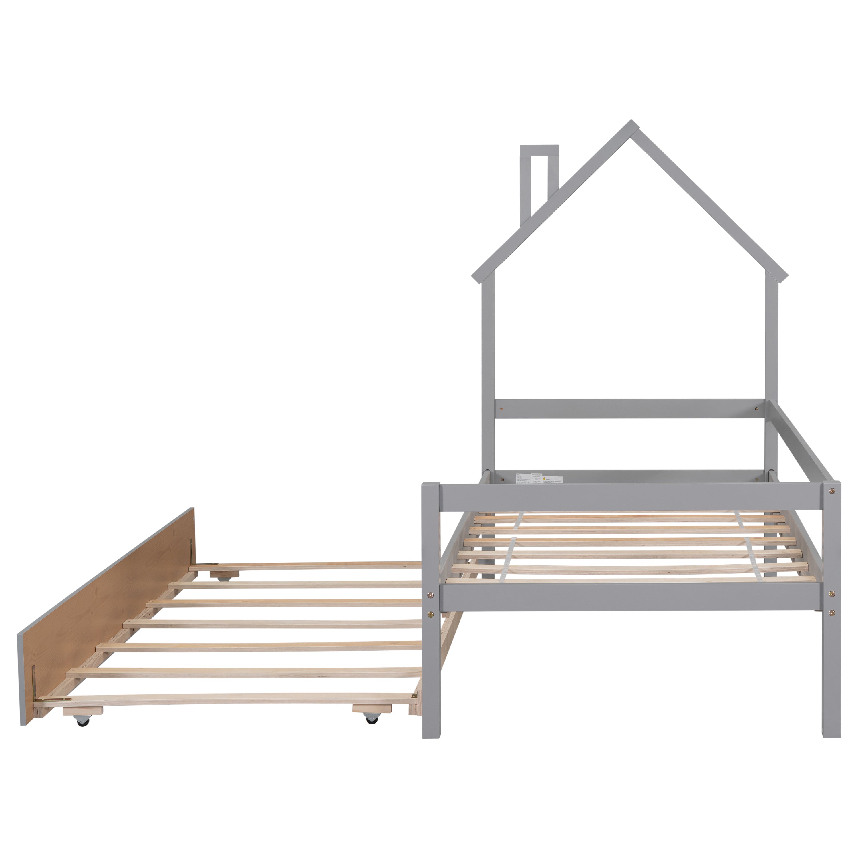 Twin House Wooden Daybed with trundle, Twin House-Shaped Headboard bed with Guardrails,Grey