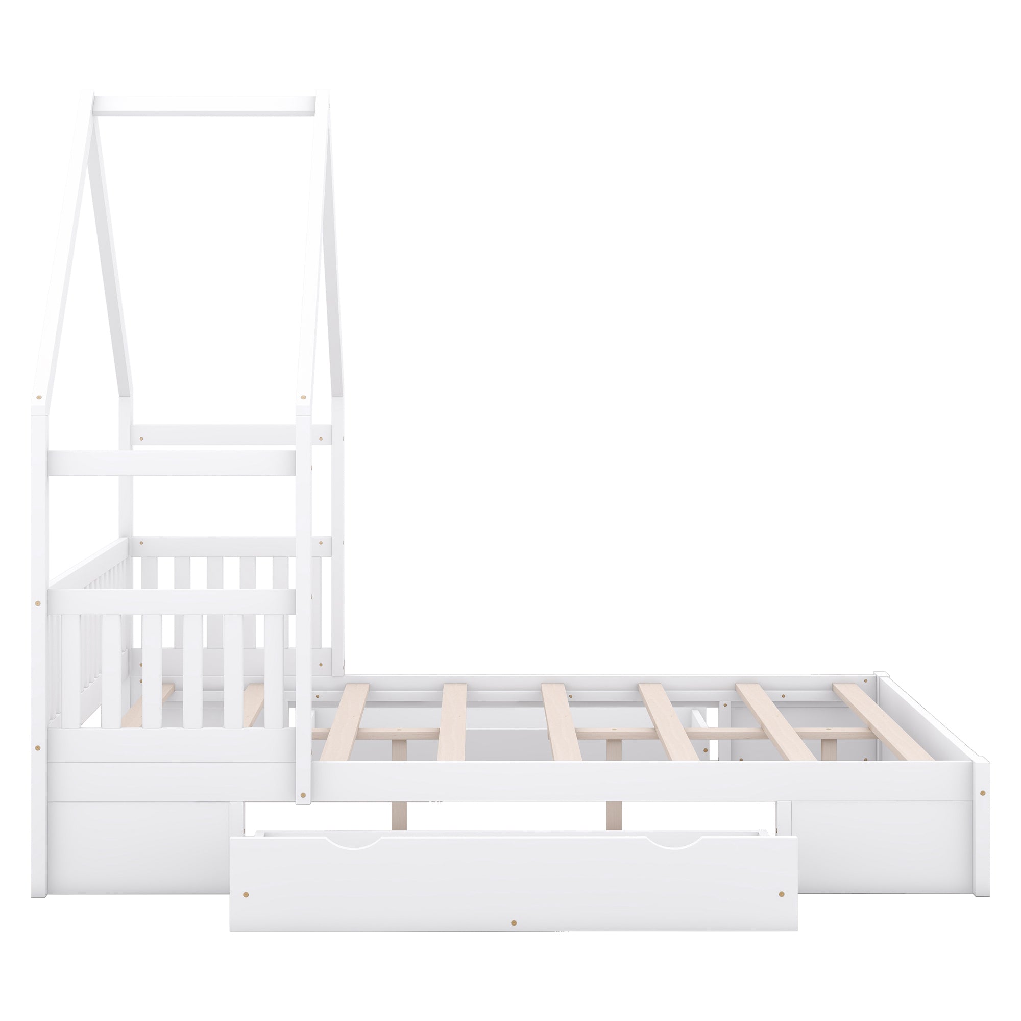 Wood Queen Size House Platform Bed with Guardrail and 2 Drawers, White (Expected Arrival Time:4.26) - Atlantic Fine Furniture Melbourne FL
