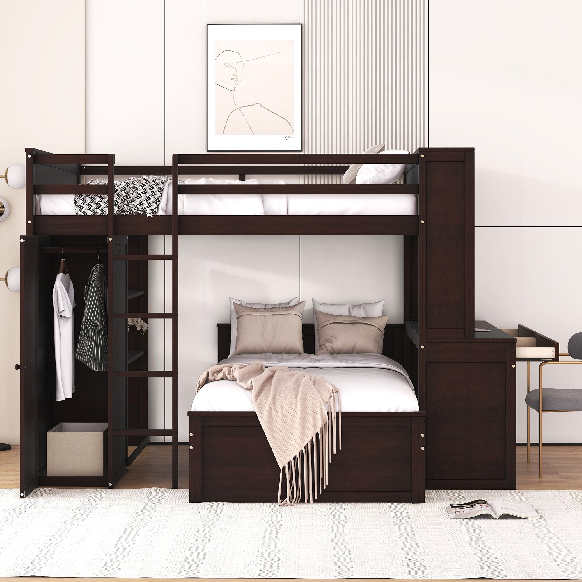 Full size Loft Bed with a twin size Stand-alone bed, Shelves,Desk,and Wardrobe-Espresso - Atlantic Fine Furniture Melbourne FL