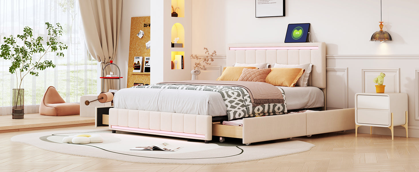 Queen Size Upholstered Bed with LED Light and 4 Drawers, Modern Platform Bed with a set of Sockets and USB Ports, Linen Fabric, Beige - Atlantic Fine Furniture Melbourne FL