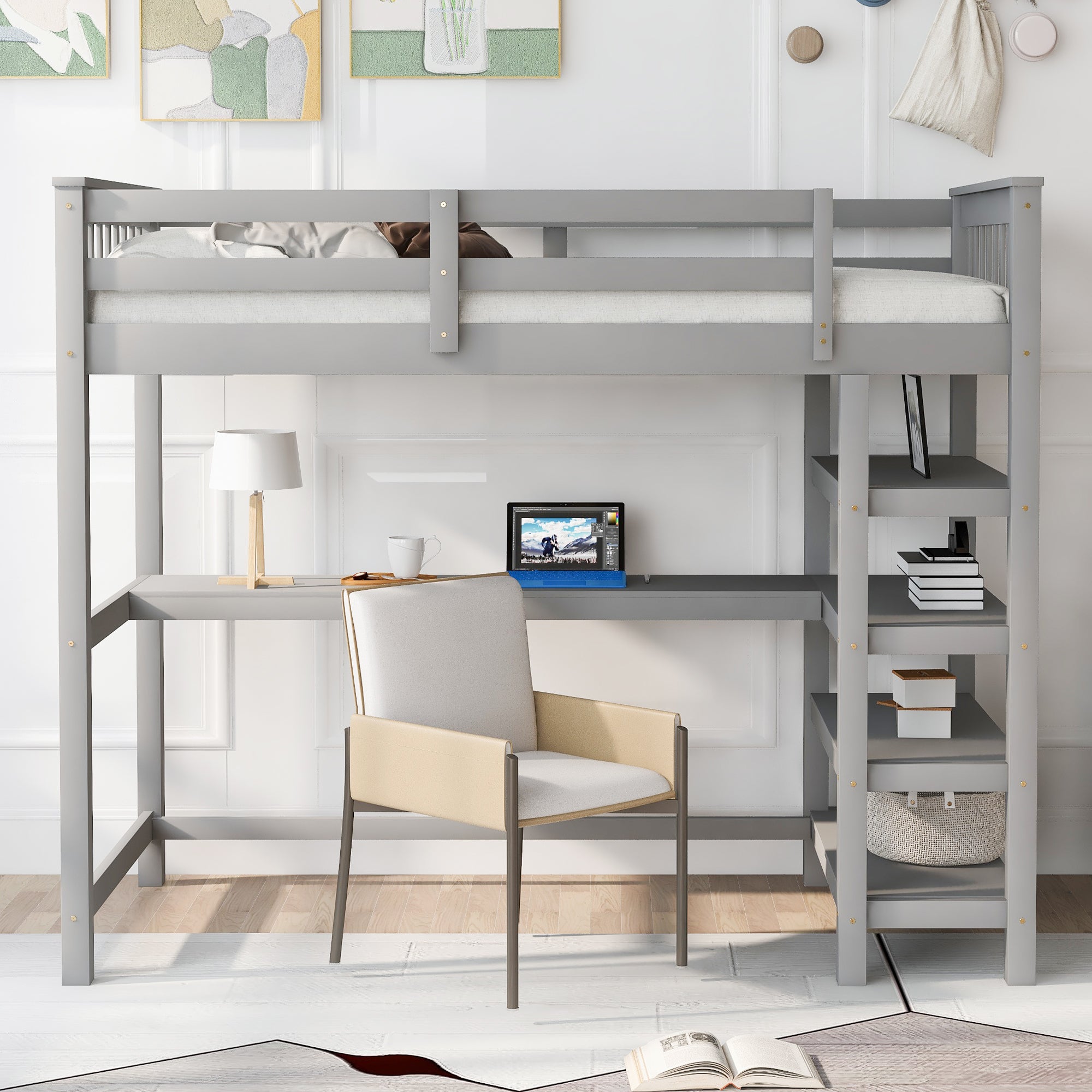 Twin Size Loft Bed with Storage Shelves and Under-bed Desk, Gray(OLD SKU:SM000245AAE-1) - Atlantic Fine Furniture Melbourne FL