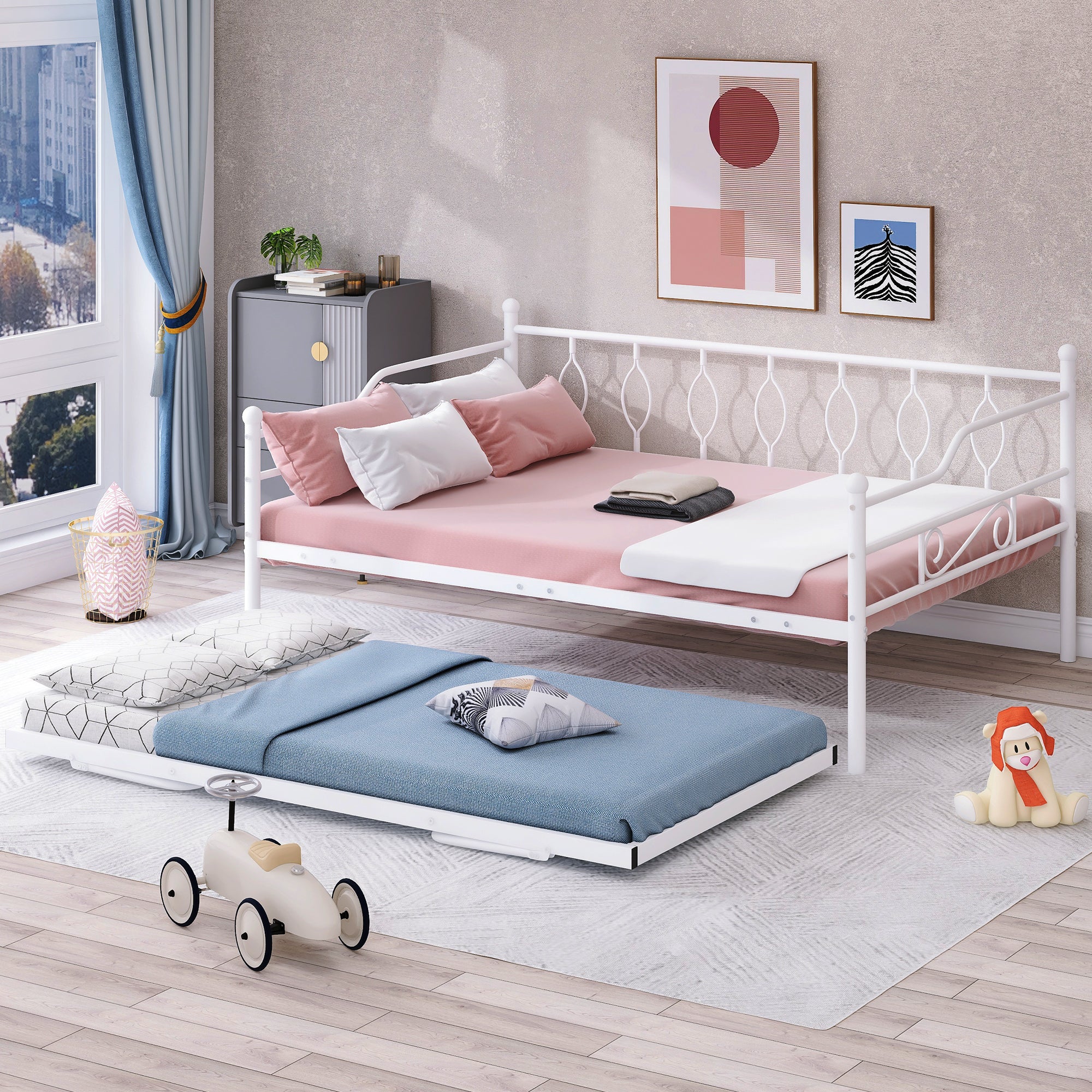 Full Size Metal Daybed with Twin Size Adjustable Trundle, Portable Folding Trundle, White(OLC SKU:MF293730AAK)