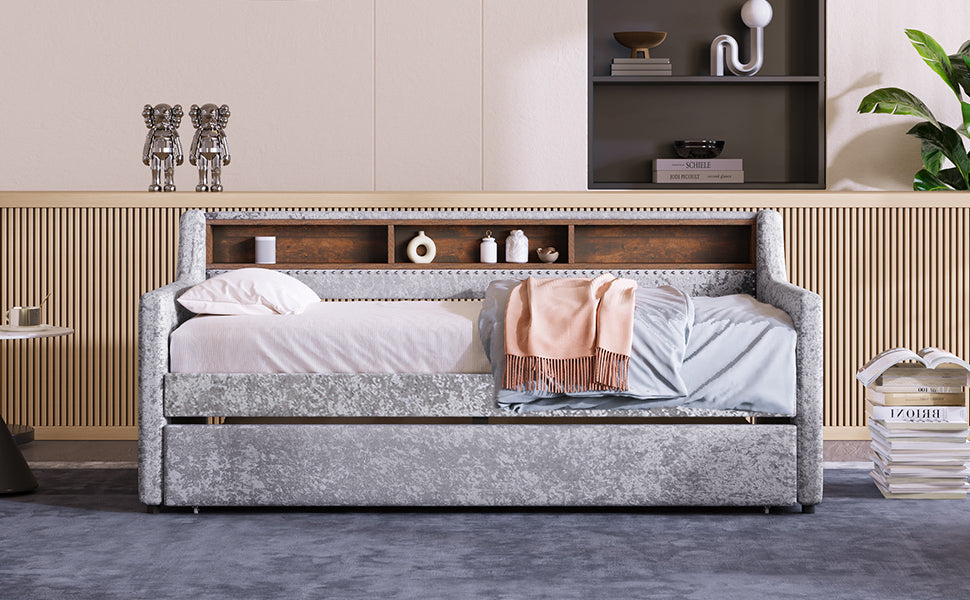 Twin Size Snowflake Velvet Daybed with Trundle and Built-in Storage Shelves,Gray - Atlantic Fine Furniture Melbourne FL