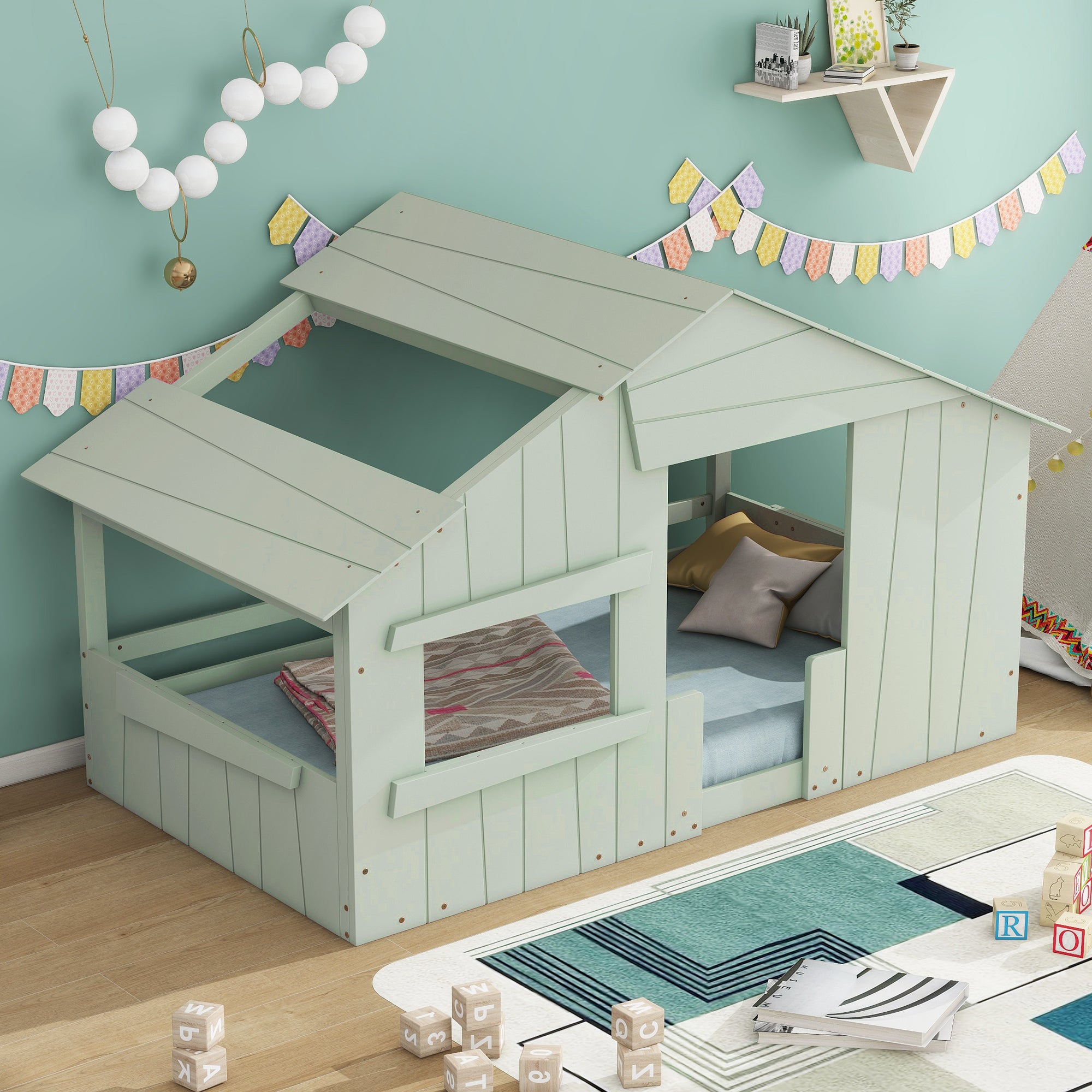 Wood Twin Size House Bed with Roof, Window and Guardrail, Light Green - Atlantic Fine Furniture Melbourne FL
