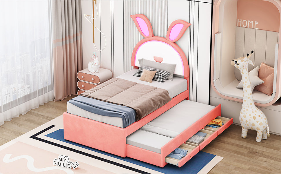 Twin Size Upholstered Platform Bed with Trundle and 3 Drawers, Rabbit-Shaped Headboard with Embedded LED Lights, Pink - Atlantic Fine Furniture Melbourne FL