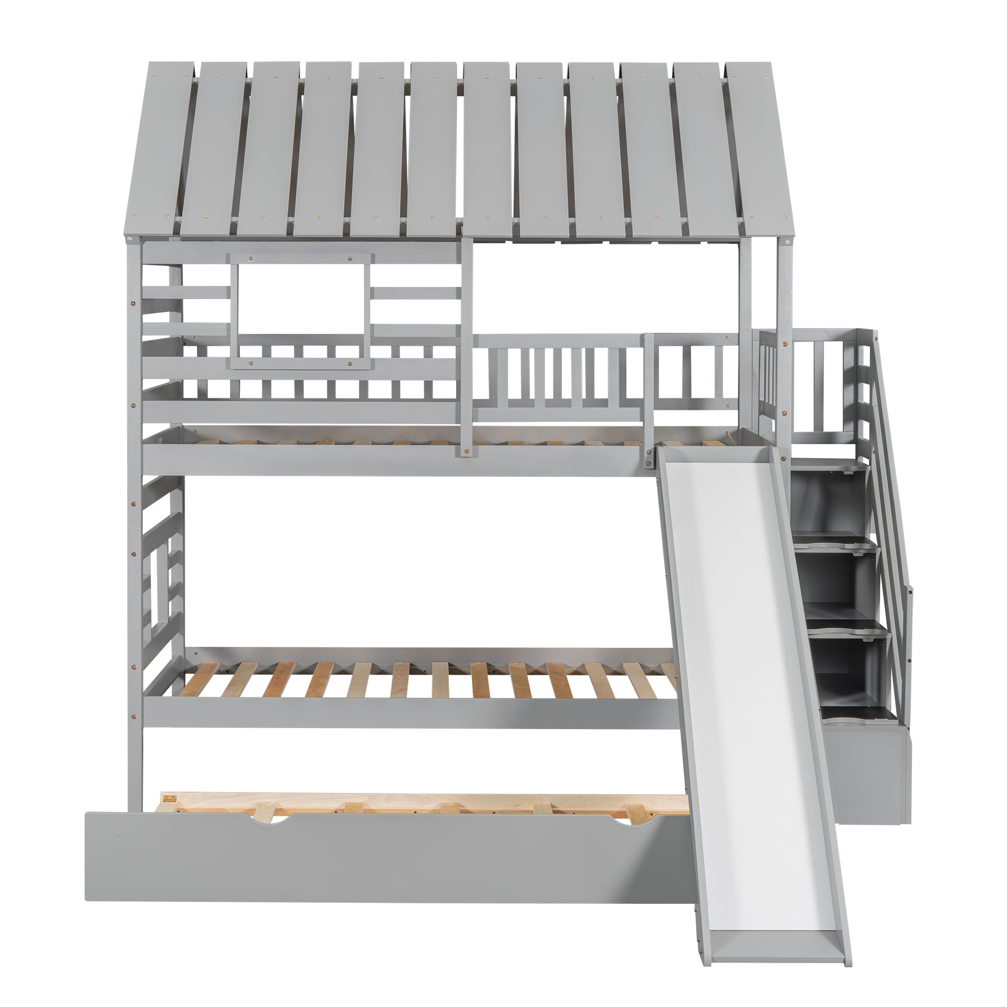 Twin over Twin House Bunk Bed with Trundle and Slide, Storage Staircase, Roof and Window Design, Gray(Old SKU: GX000931AAE) - Atlantic Fine Furniture Melbourne FL