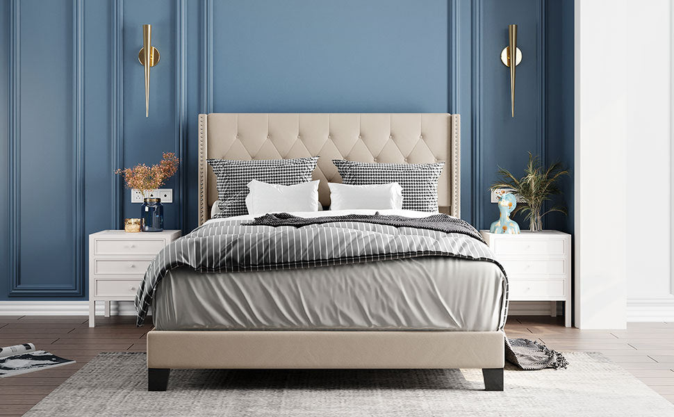 Upholstered Platform Bed with Classic Headboard, Box Spring Needed, Beige Linen Fabric, Queen Size - Atlantic Fine Furniture Melbourne FL