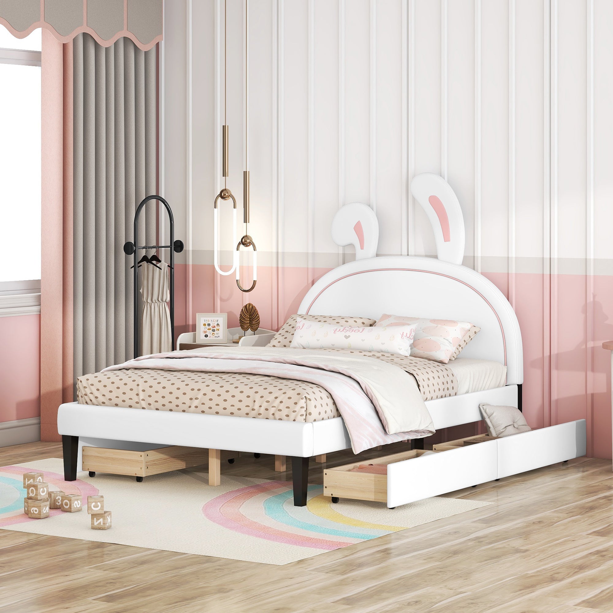 Full Size Upholstered Leather Platform Bed with Rabbit Ornament and 4 Drawers, White - Atlantic Fine Furniture Melbourne FL