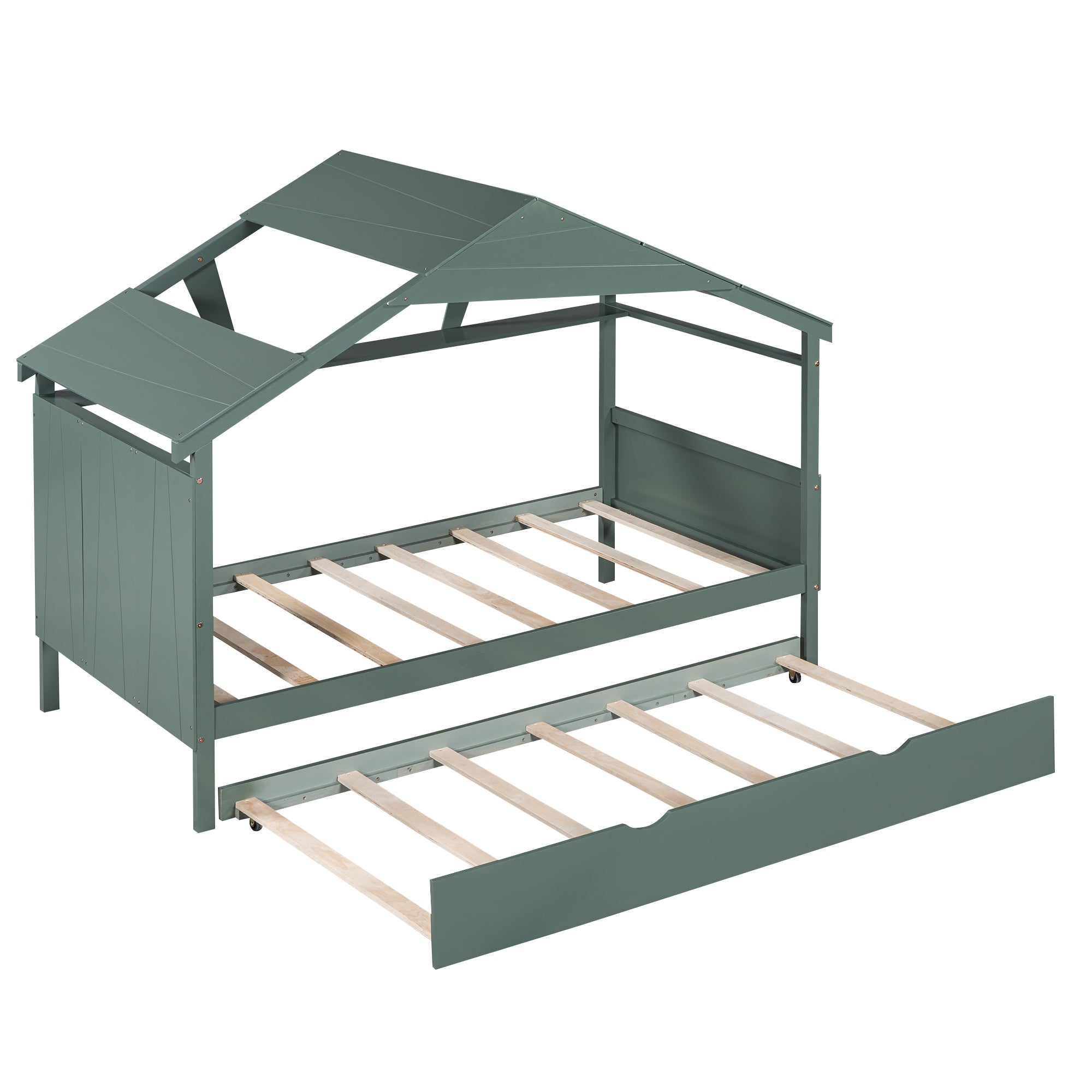Wood Twin Size House Bed with Trundle and Storage, Green - Atlantic Fine Furniture Melbourne FL