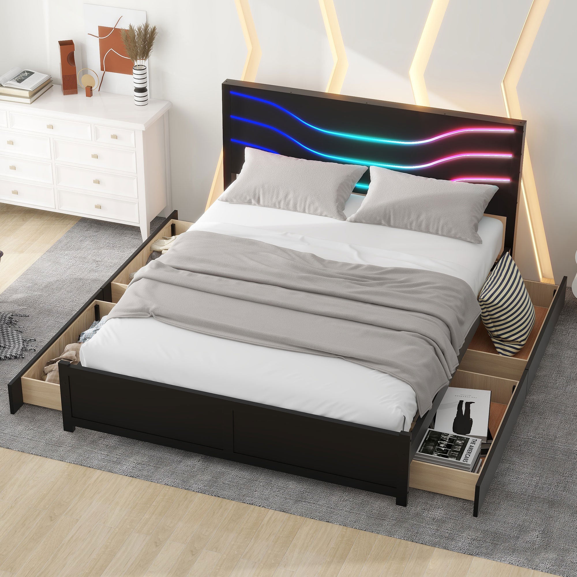 Queen Size Wood Storage Platform Bed with LED and 4 Drawers, Black - Atlantic Fine Furniture Melbourne FL