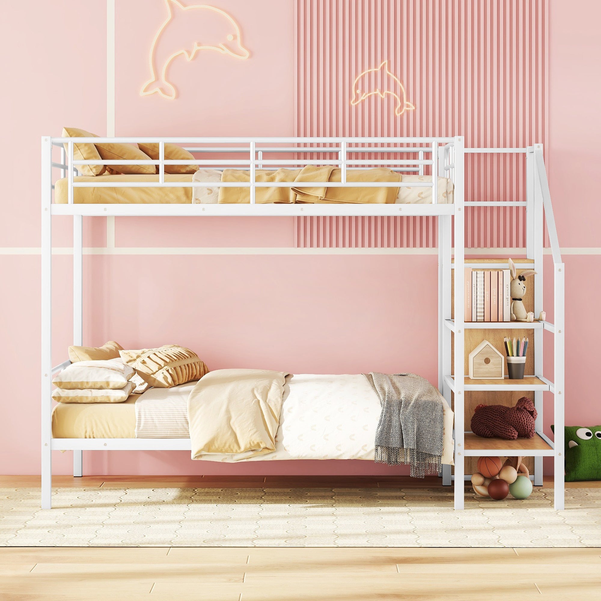 Full Over Full Metal Bunk Bed with Lateral Storage Ladder and Wardrobe, White - Atlantic Fine Furniture Melbourne FL