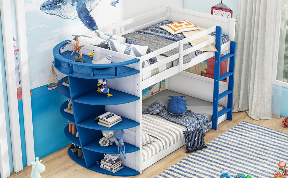 Twin over Twin Boat-Like Shape Bunk Bed with Storage Shelves, White+Blue - Atlantic Fine Furniture Melbourne FL