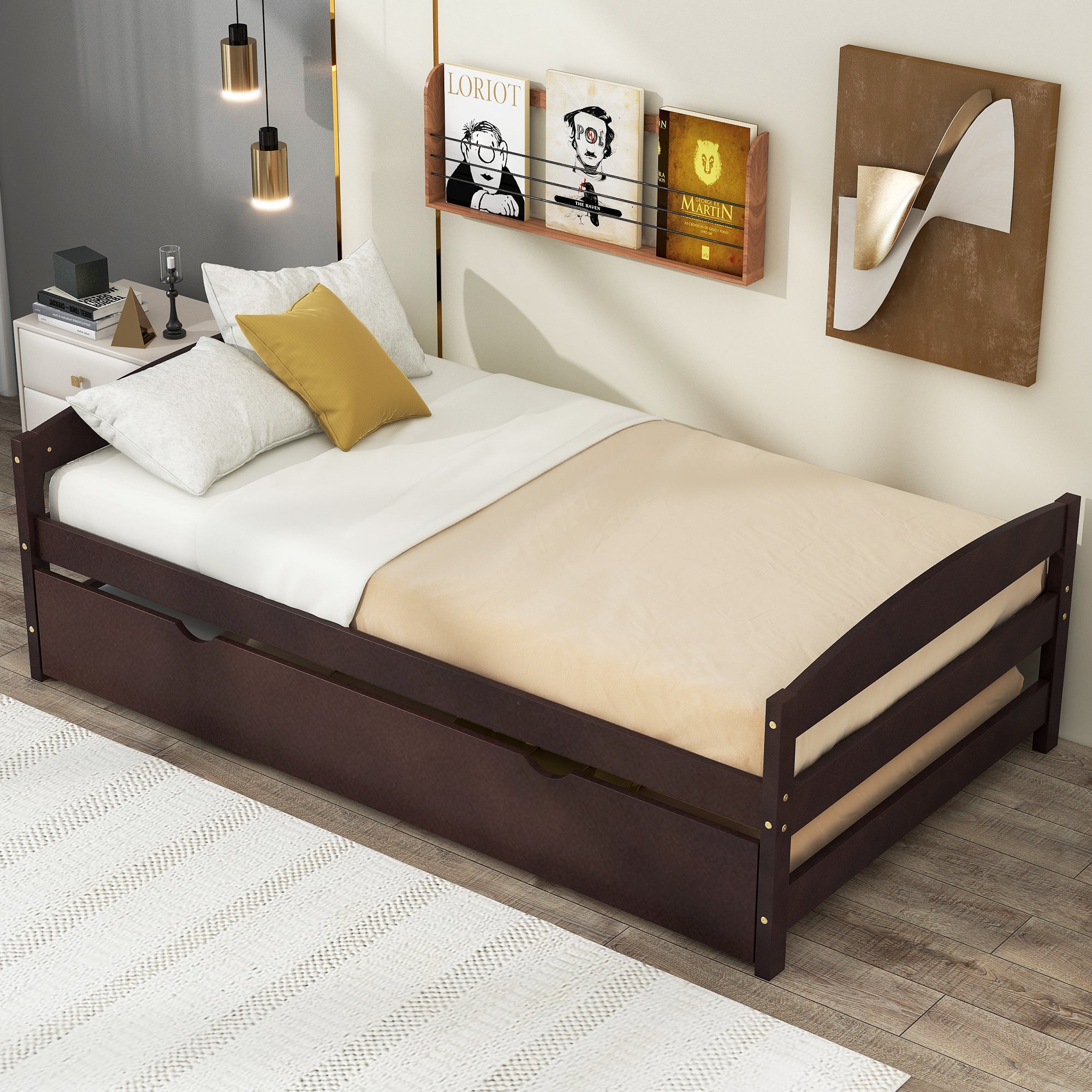 Twin Size Platform Bed with Twin Size Trundle, Espresso - Atlantic Fine Furniture Melbourne FL
