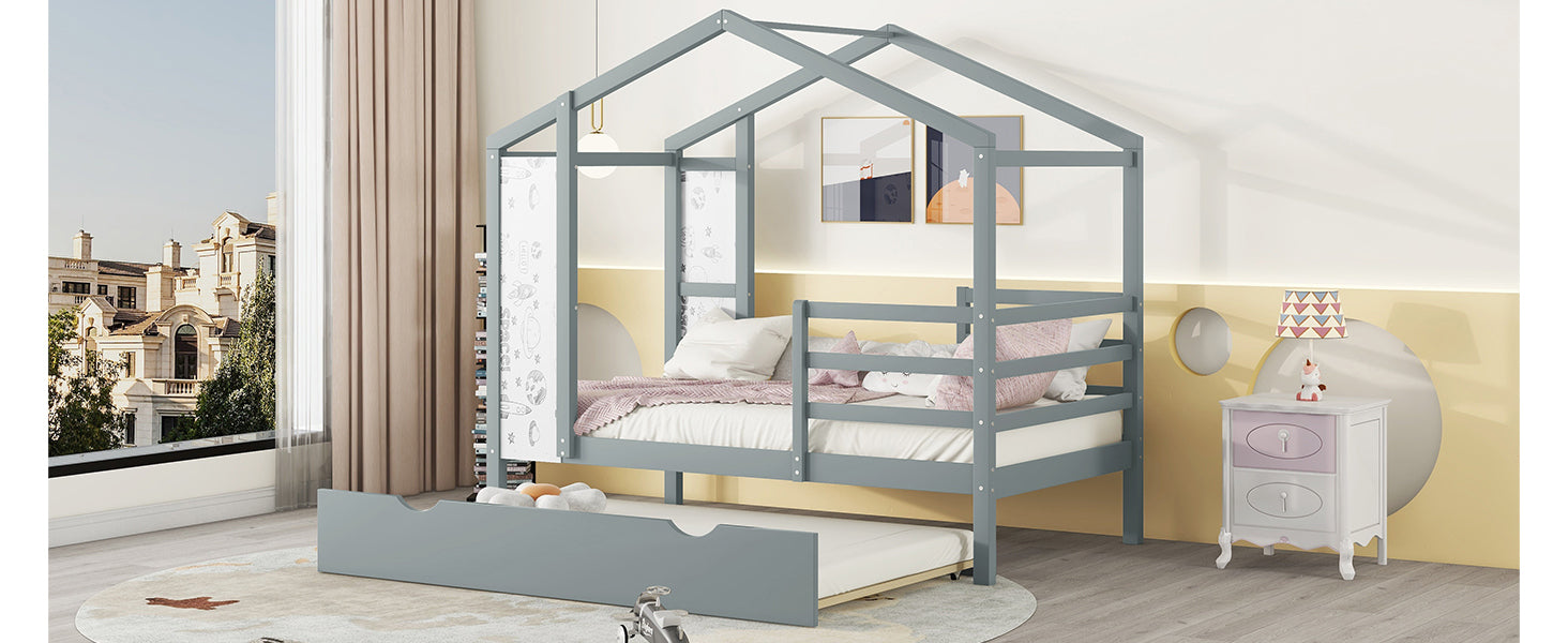 Twin Size Wood House Bed with Fence and Writing Board, Gray - Atlantic Fine Furniture Melbourne FL