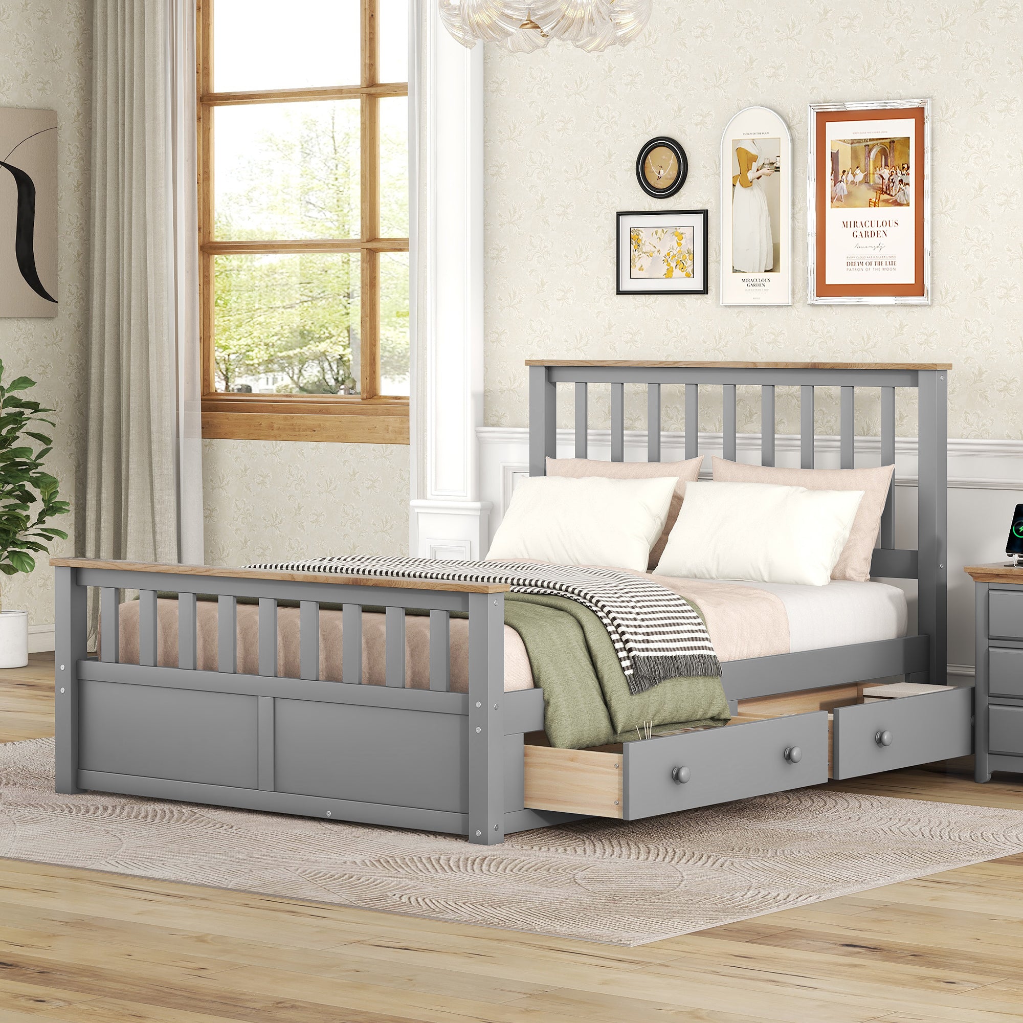 Full Size Wood Platform Bed with Two Drawers and Wooden Slat Support,Gray+Natrual - Atlantic Fine Furniture Melbourne FL