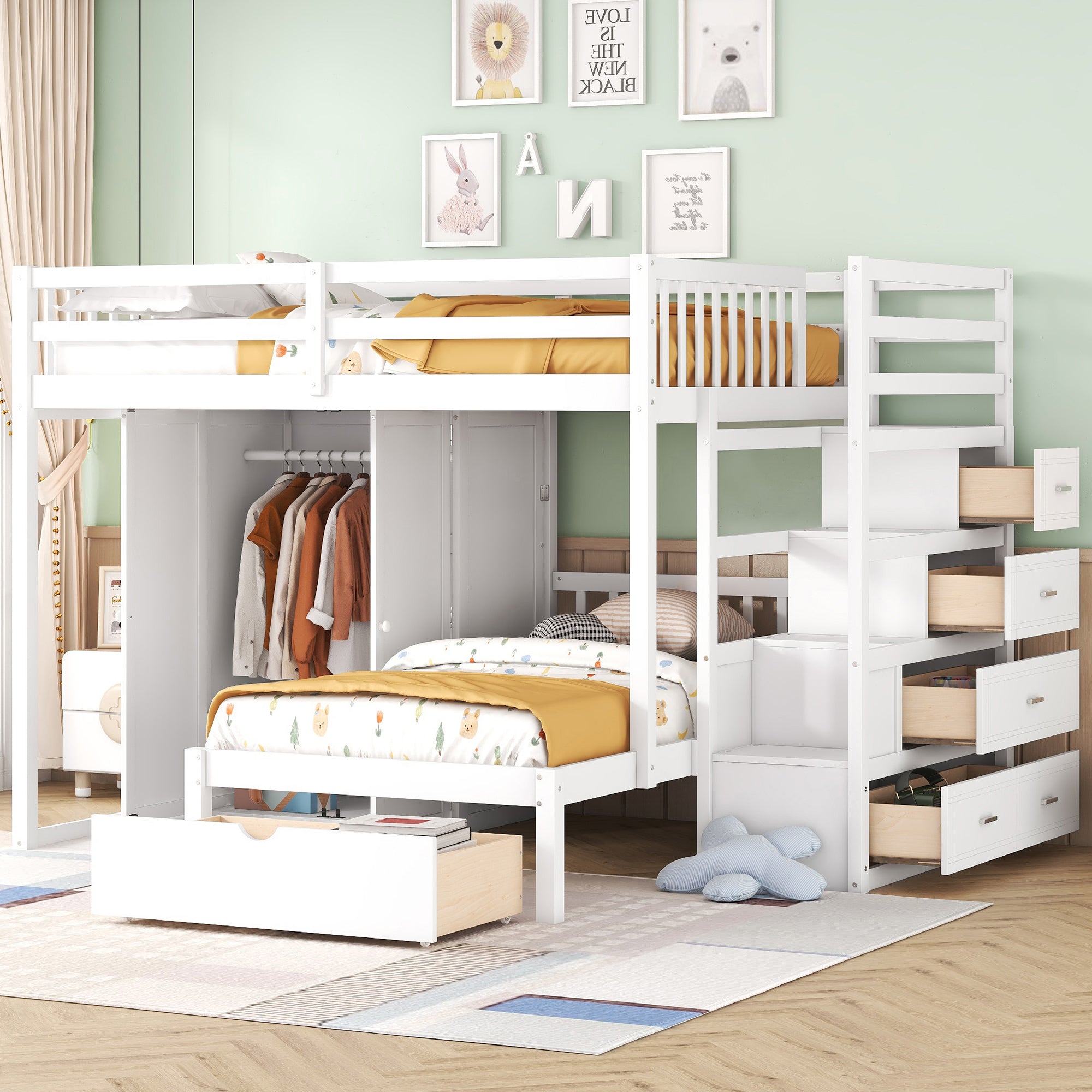 Full Over Twin Bunk Bed with Wardrobe, Drawers, White - Atlantic Fine Furniture Melbourne FL