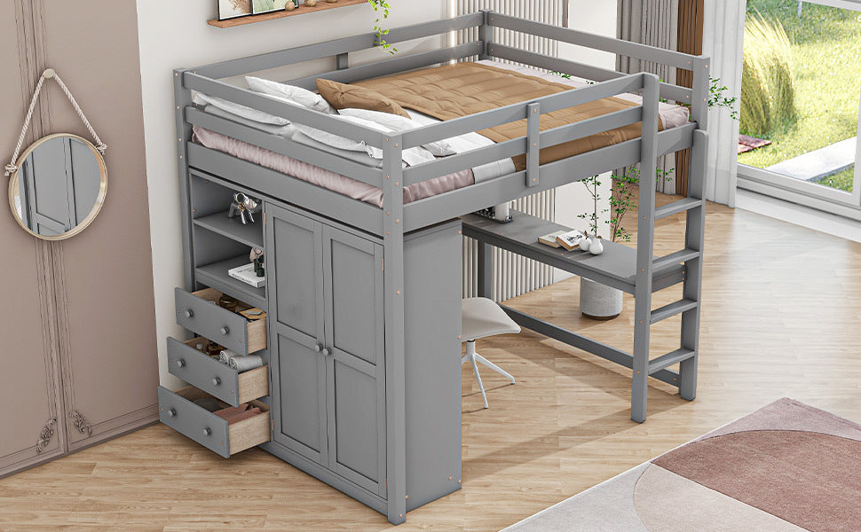 Wood Full Size Loft Bed with Built-in Wardrobe, Desk, Storage Shelves and Drawers, Gray - Atlantic Fine Furniture Melbourne FL