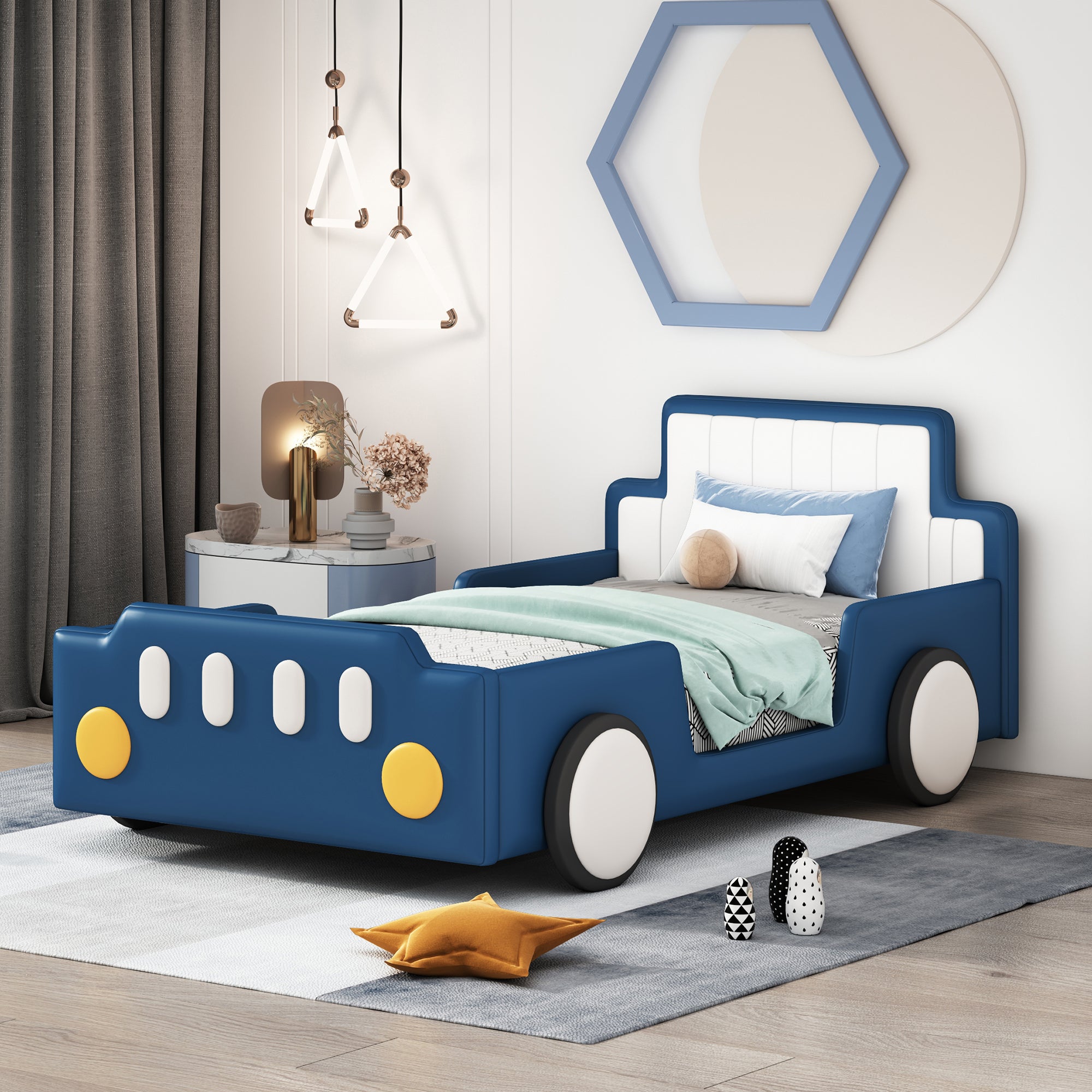 Twin Size Race Car-Shaped Platform Bed with Wheels,Blue - Atlantic Fine Furniture Melbourne FL