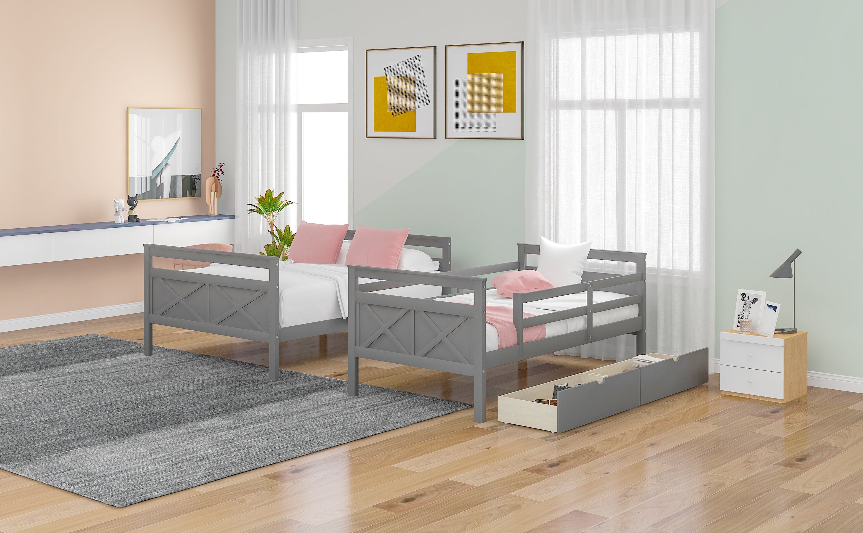 Twin over Full Bunk Bed with Ladder, Two Storage Drawers, Safety Guardrail, Gray