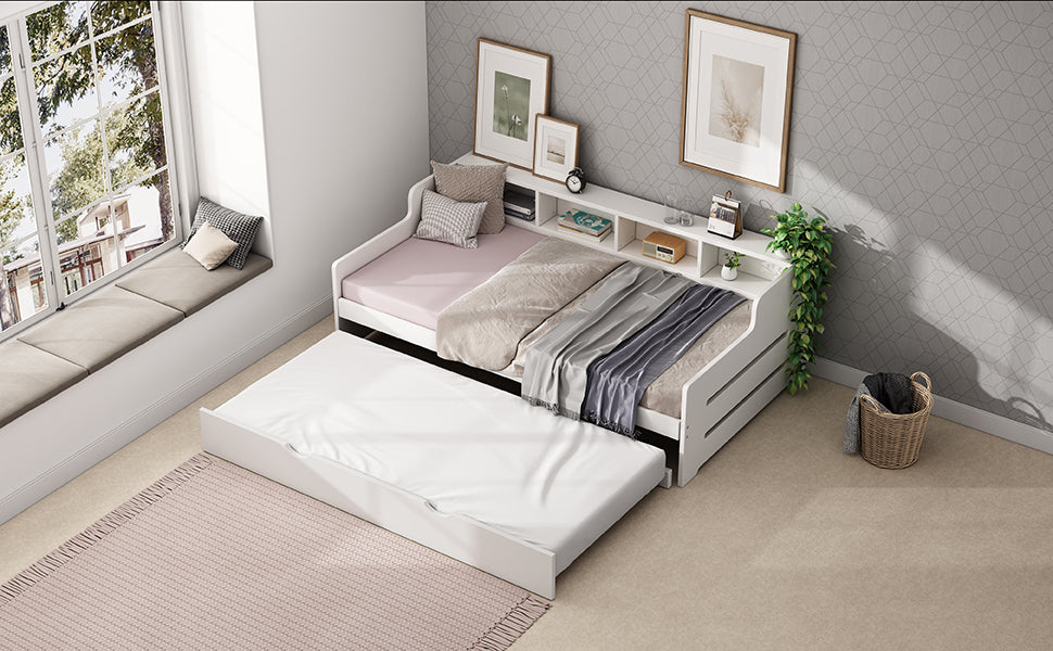 Twin Size Wooden Day Bed with Trundle for Guest Room, Small Bedroom, Study Room, White - Atlantic Fine Furniture Melbourne FL