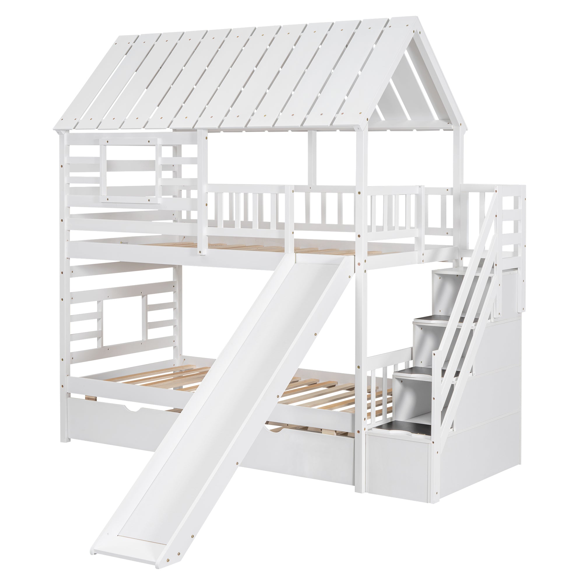 Twin over Twin House Bunk Bed with Trundle and Slide, Storage Staircase, Roof and Window Design, White(Old SKU: GX000931AAK) - Atlantic Fine Furniture Melbourne FL
