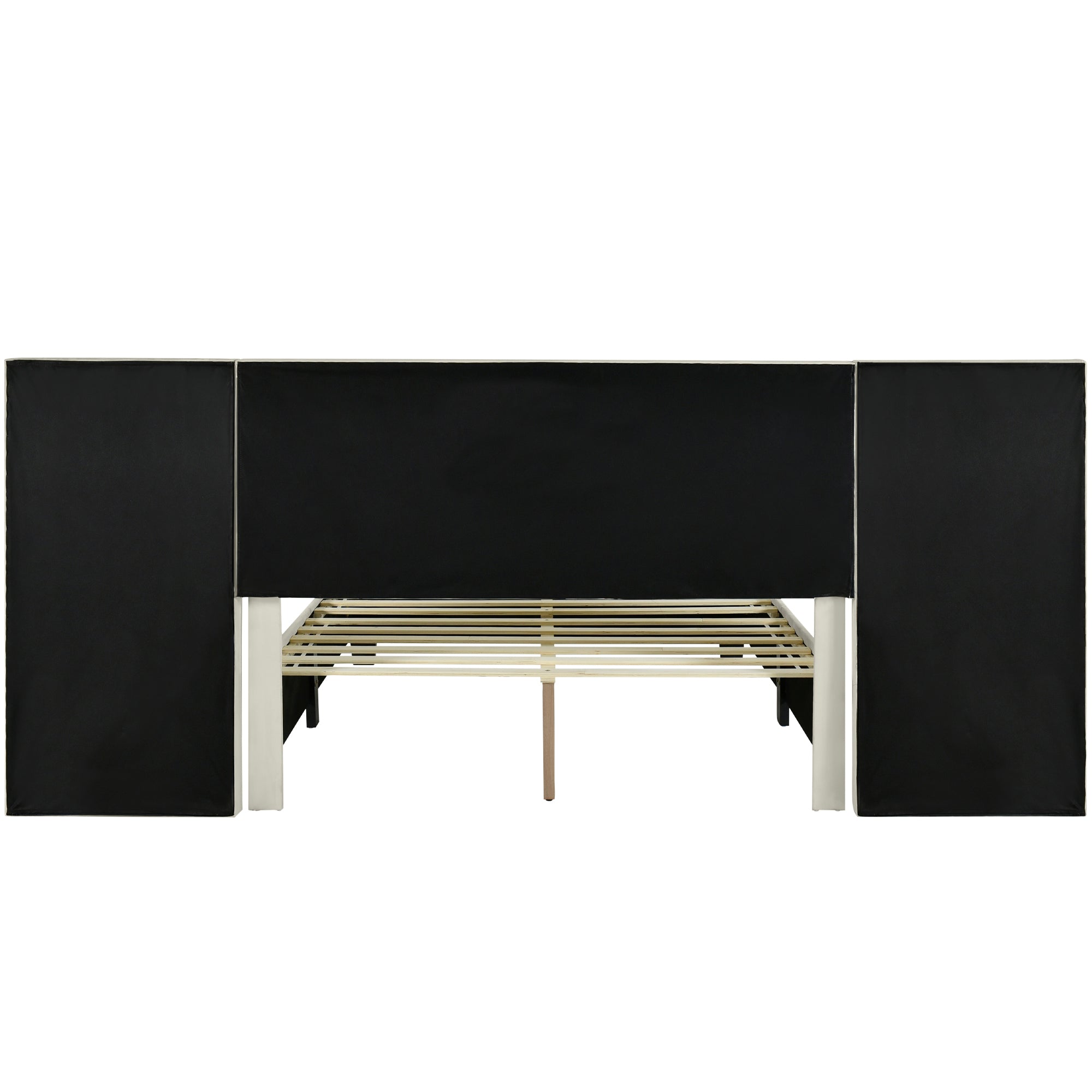 Queen Size Upholstered Platform Bed with Big Headboard, Bedroom Furniture, Velvet, Beige - Atlantic Fine Furniture Melbourne FL