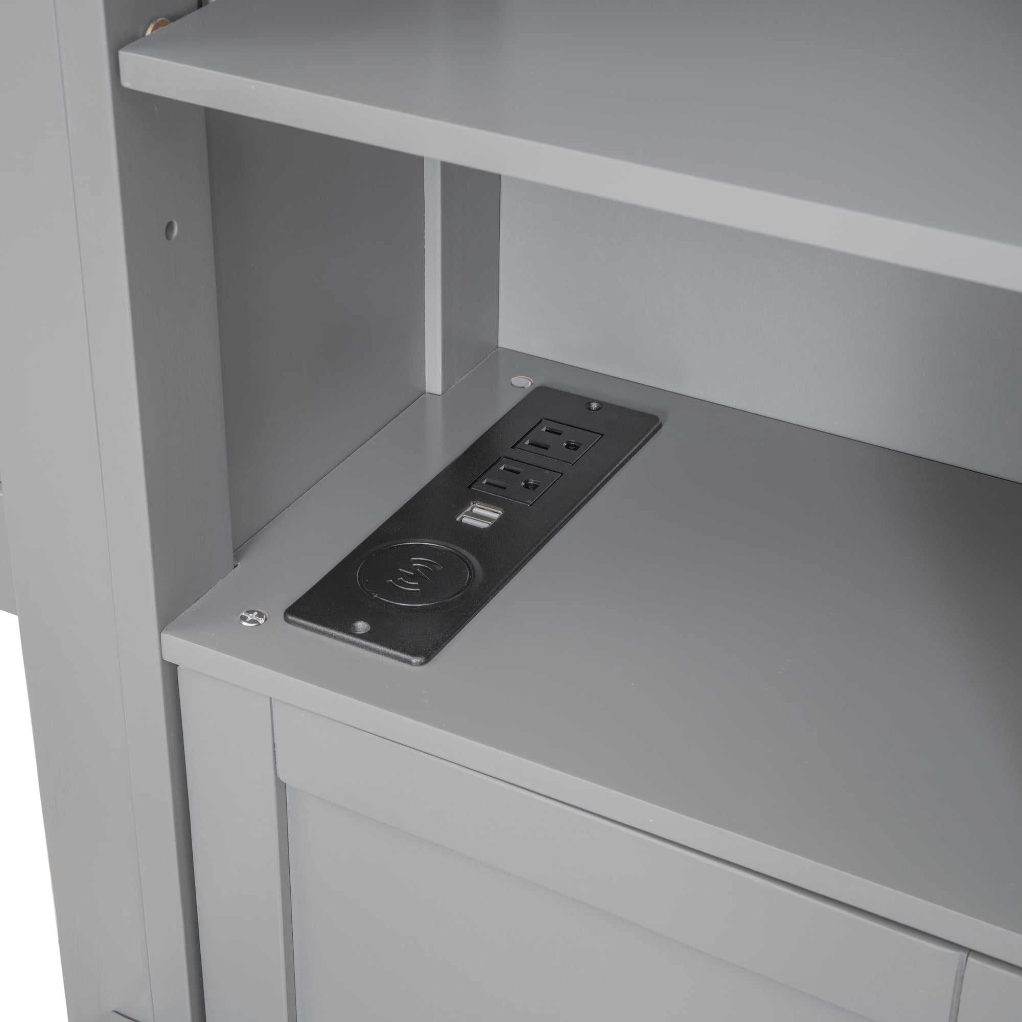 Queen Size Wooden Bed With All-in-One Cabinet, Shelf and Sockets, Gray - Atlantic Fine Furniture Melbourne FL