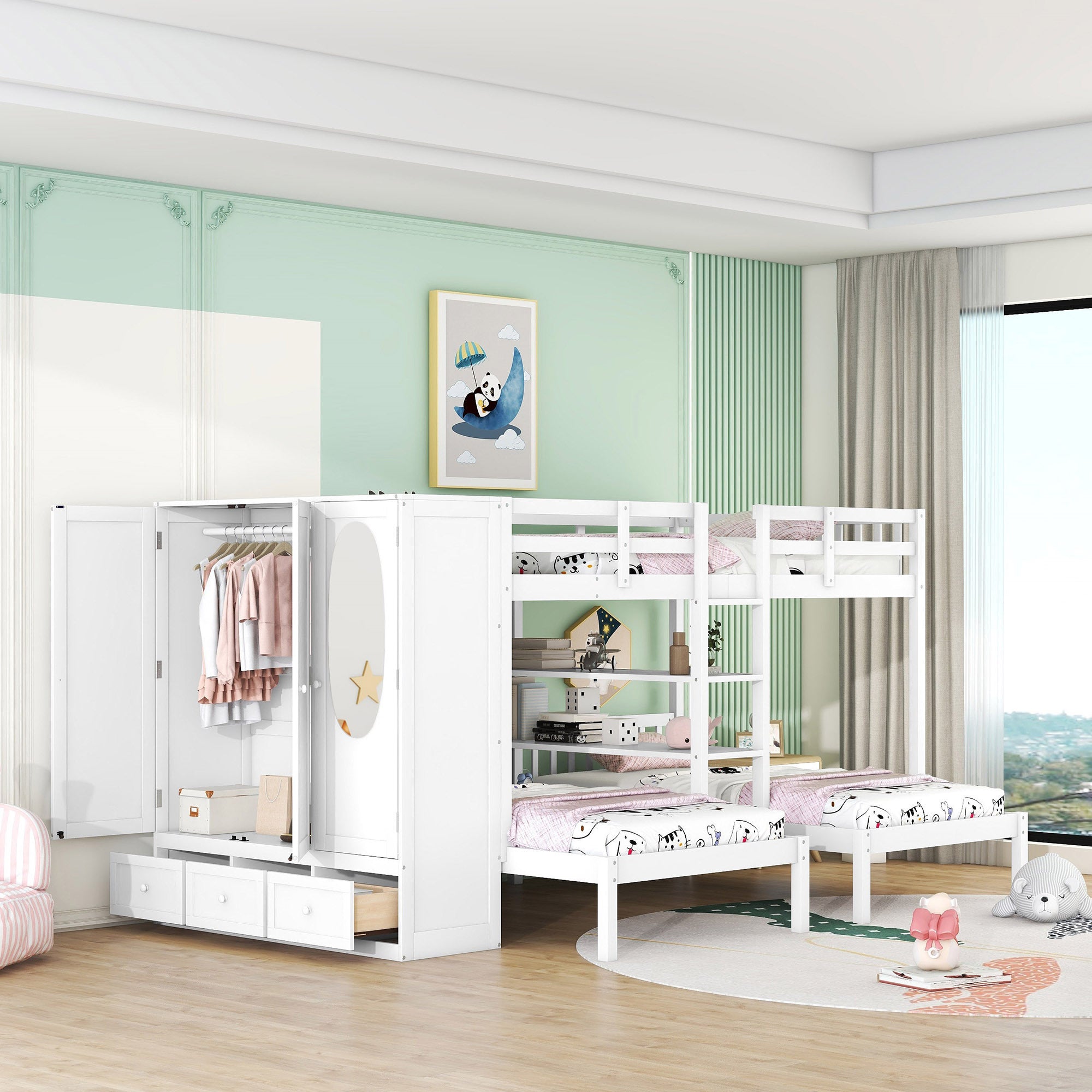 Full-Over-Twin-Twin Bunk Bed with Shelves, Wardrobe and Mirror, White - Atlantic Fine Furniture Melbourne FL