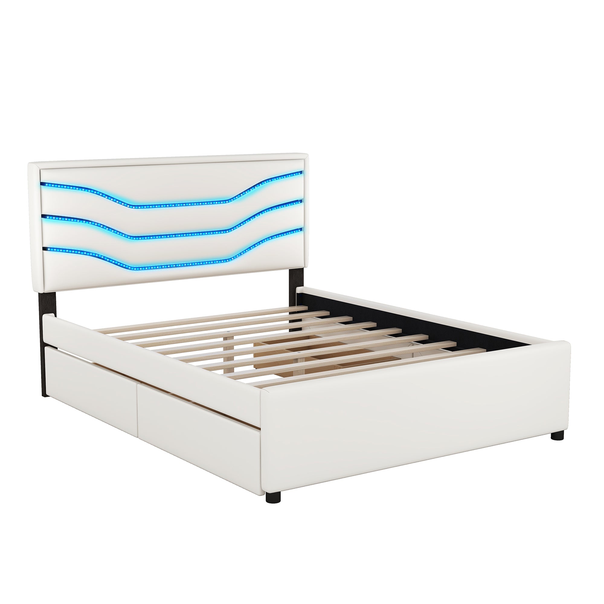 Queen Size Upholstered Storage Platform Bed with LED, 4 Drawers and USB Charging, White - Atlantic Fine Furniture Melbourne FL